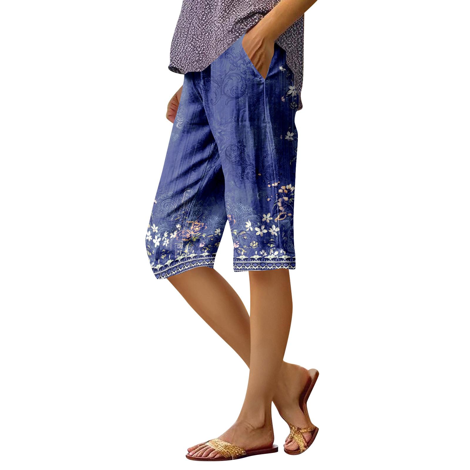 Women s Fashion Printed Pocket Elastic Waist Casual 5/10 Pants S