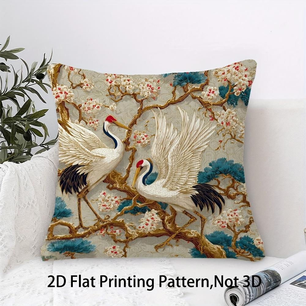 2D Flat- Vintage Chinese Style Red Crowned Crane And Plum Blossom Square Throw Pillow Case Home Decor Cushion Cover