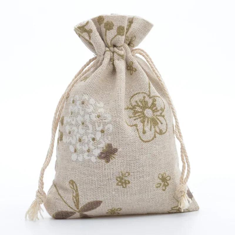 10pc Drawstring Cotton Linen Print Organizer 10x14/13x18cm Women Jewelry Cosmetics Cloth Bag Christmas Gift Bag Party Decoration