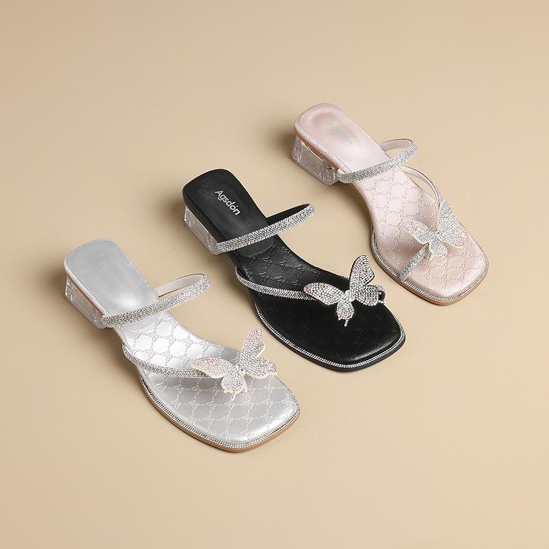 Augustine thick-heeled slippers women's summer wear 2025 new butterfly sandals toe-to-toe temperament high heels