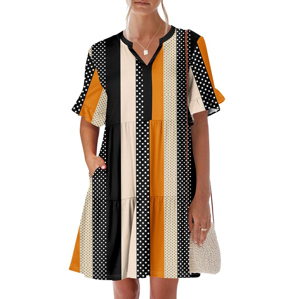 Womens Summer Dress Short Sleeve V Neck Short Dresses Fashion Casual Flowy Boho Ruffle A Line Swing Sundress With Pockets