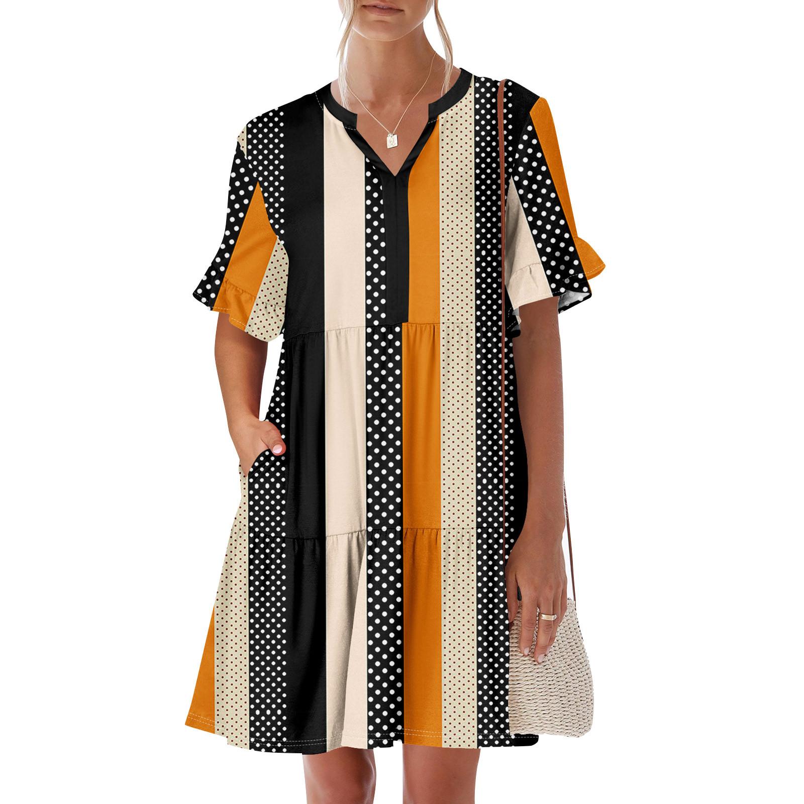 

Женское летнее платье с коротким рукавом и V-образным вырезом, короткие платья, модное повседневное струящееся платье в стиле бохо с оборками и карманами S оранжевый