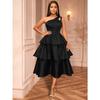 Women One Shoulder Cutout Satin Ruffle High Waist A Line Midi Dress For Party Evening