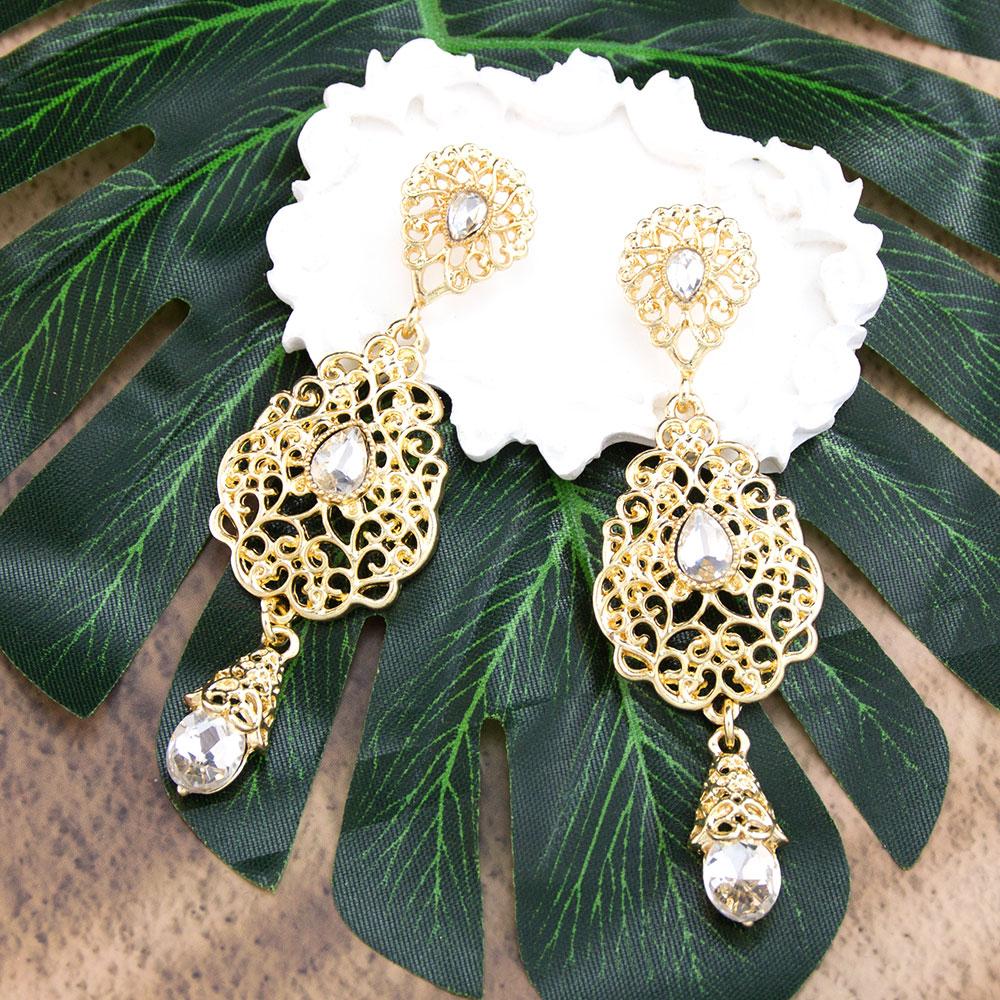 

Fashion Gold Color Arabic Women Earring Hollow Arabesque Moroccan Crystal Eardrop Bridal Wedding Jewelry