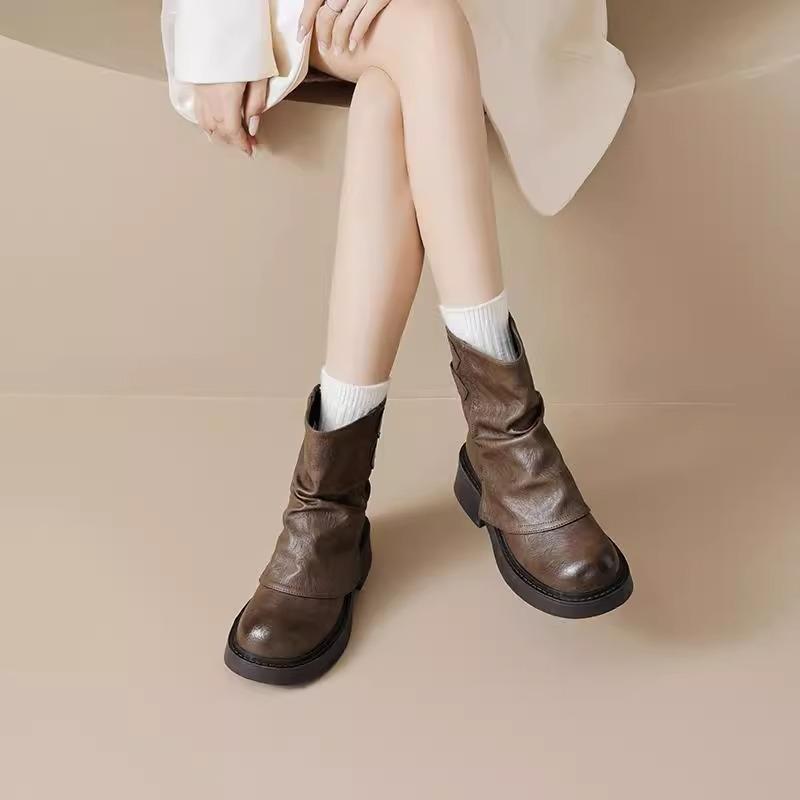 New pleated stacked boots pant tube boots soft leather thick-soled Martin boots versatile brown short boots women