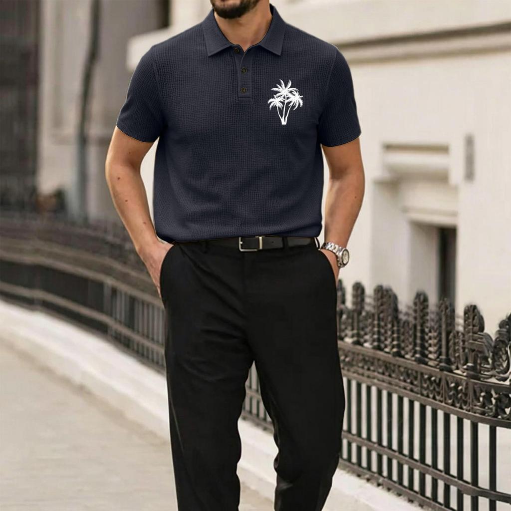 Men's Summer High-End Mesh Ice Silk Short Sleeve Polo Shirt Breathable Lightweight Casual Top with Palm Tree Embroidery