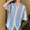 Summer Men Shirt Knitted Color Matching Lapel Elastic Japanese Style Single-breasted Short Sleeves Retro Antu-shrink Casual Vacation Beach Top