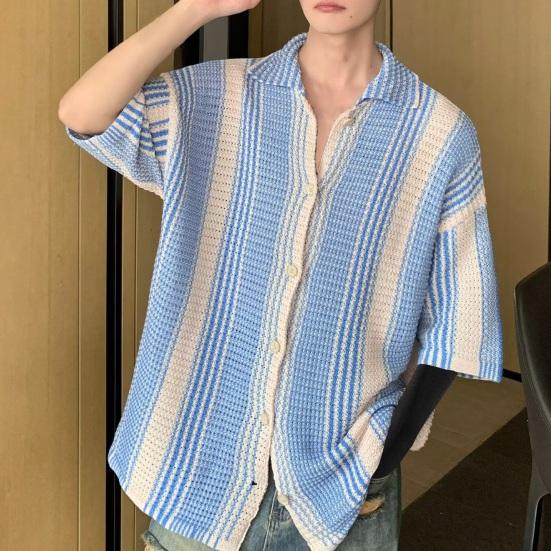 Summer Men Shirt Knitted Color Matching Lapel Elastic Japanese Style Single-breasted Short Sleeves Retro Antu-shrink Casual Vacation Beach Top