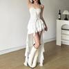 Sexy Mesh Ruffle Irregular High Low Dress White Black Sleeveless Long Dresses Summer Clothes Women