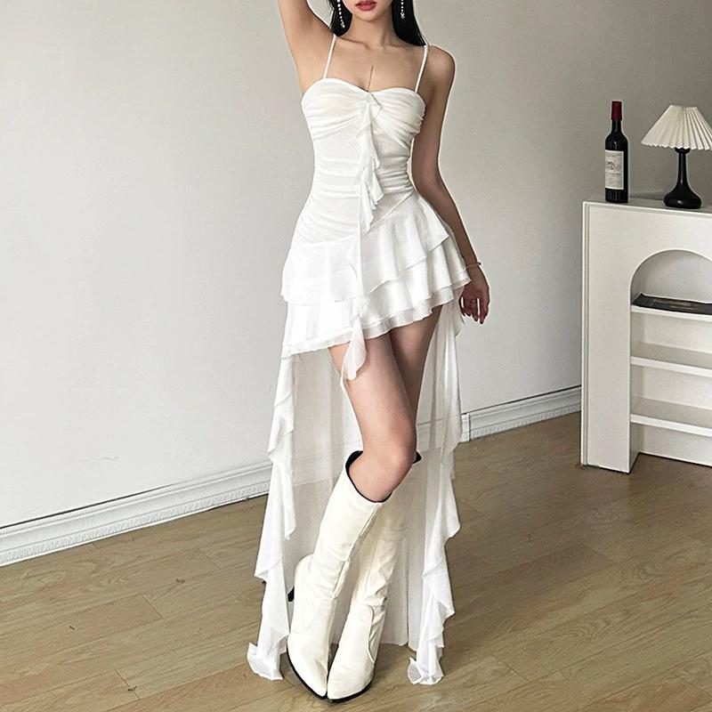 Vestido sexy de malla con volantes irregulares, alto bajo, blanco y negro, sin mangas, vestidos largos, ropa de verano para mujer