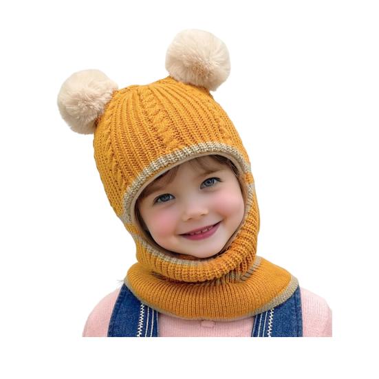 Children Hat Plush Balls Decor Thickened Knitting Hat 3-in-1 Design Hat Scarf Face Guard Headgear Elastic Fit Windproof Hat