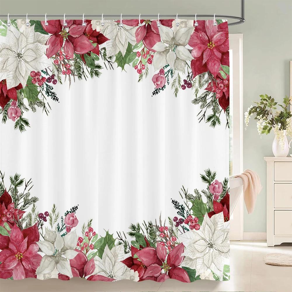 Plants and Floral Shower Curtain, Texture Fabric Bathroom Decor Watercolor Flowers and Plants Shower Curtians with Hooks