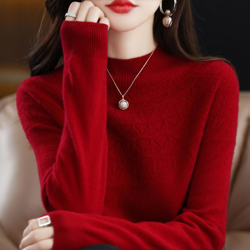 Women's Slimming 100% Wool Half-High Neck Sweater, Seamless Cashmere Knit Base Layer, Autumn Winter Loose Top with Hollow-Out Design