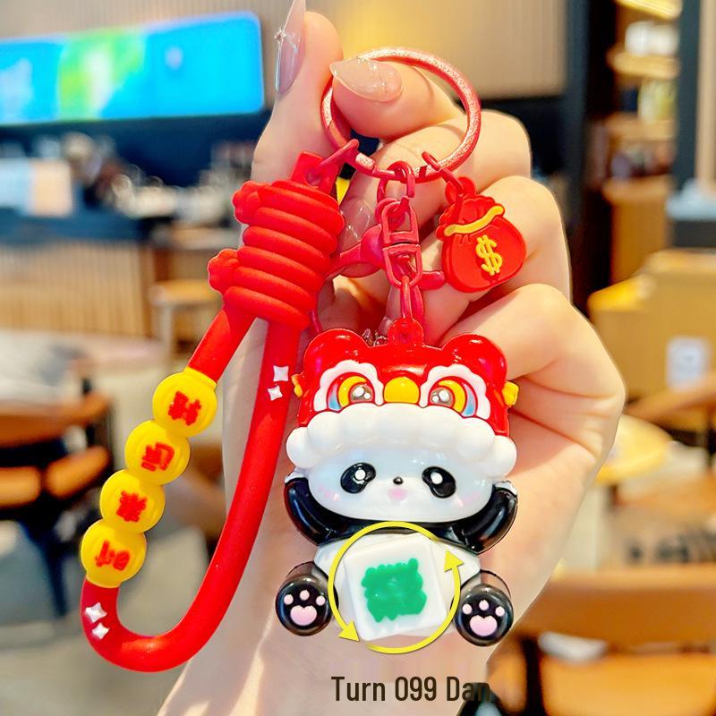 Chinese Style Panda & Lion Rotating Keychain - Cartoon Doll Backpack Pendant Souvenir