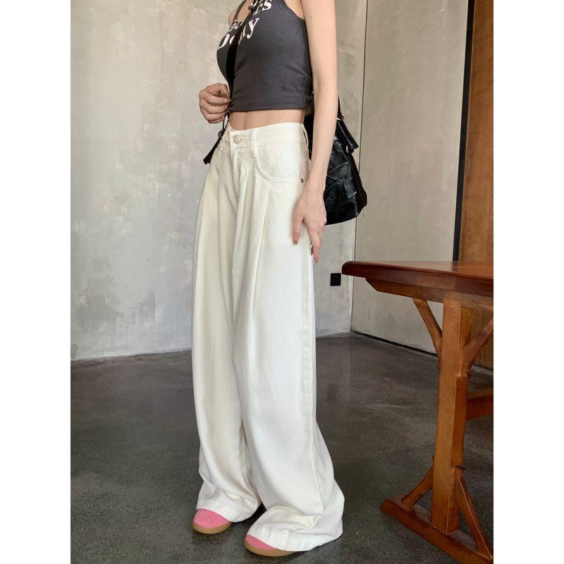 White Loose Summer High Waist Drape Mop Wide Leg Pants