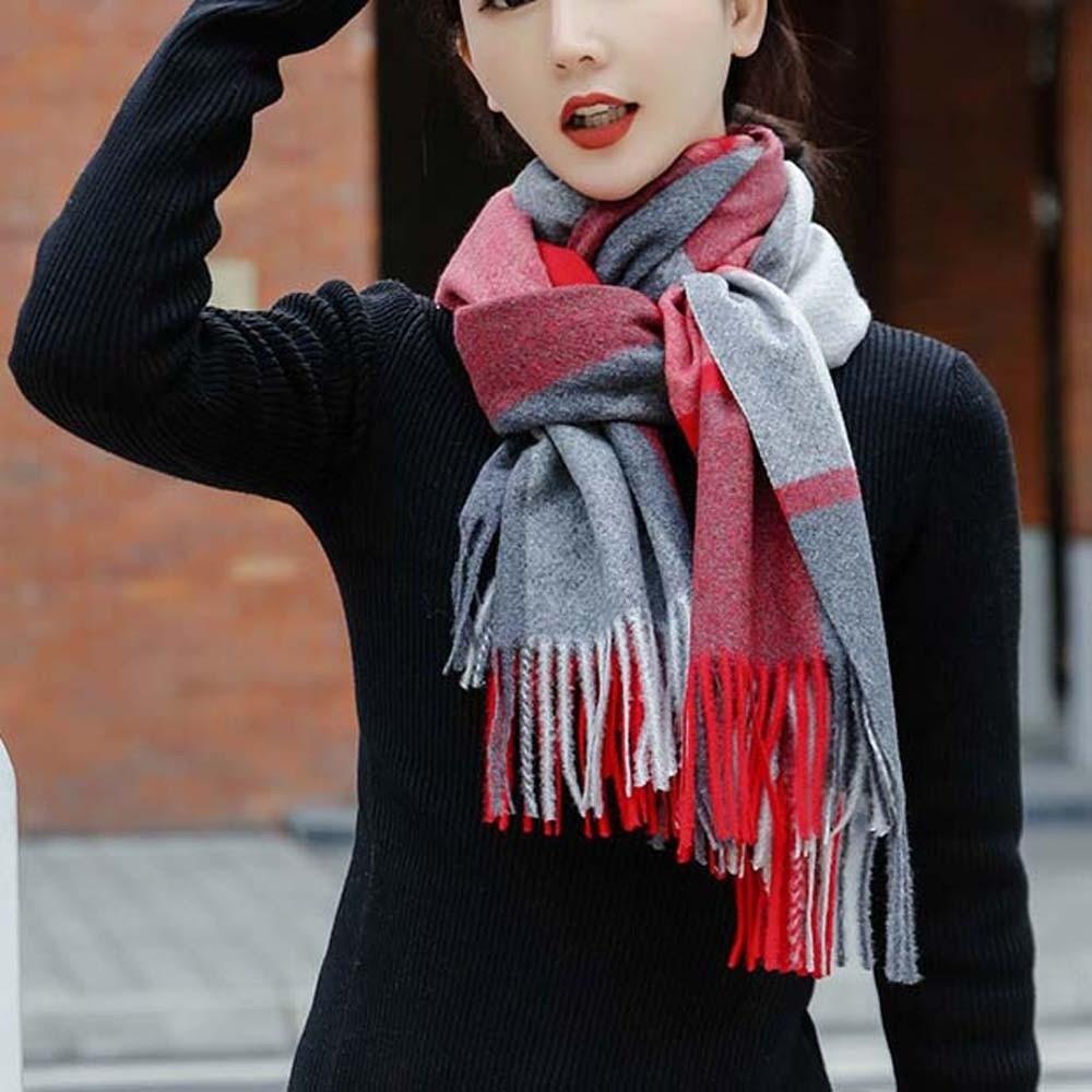 Polyester Knitted Wool Scarf Soft Long Neckscarf with Tassel Soft Classic Plaid Scarf  Women