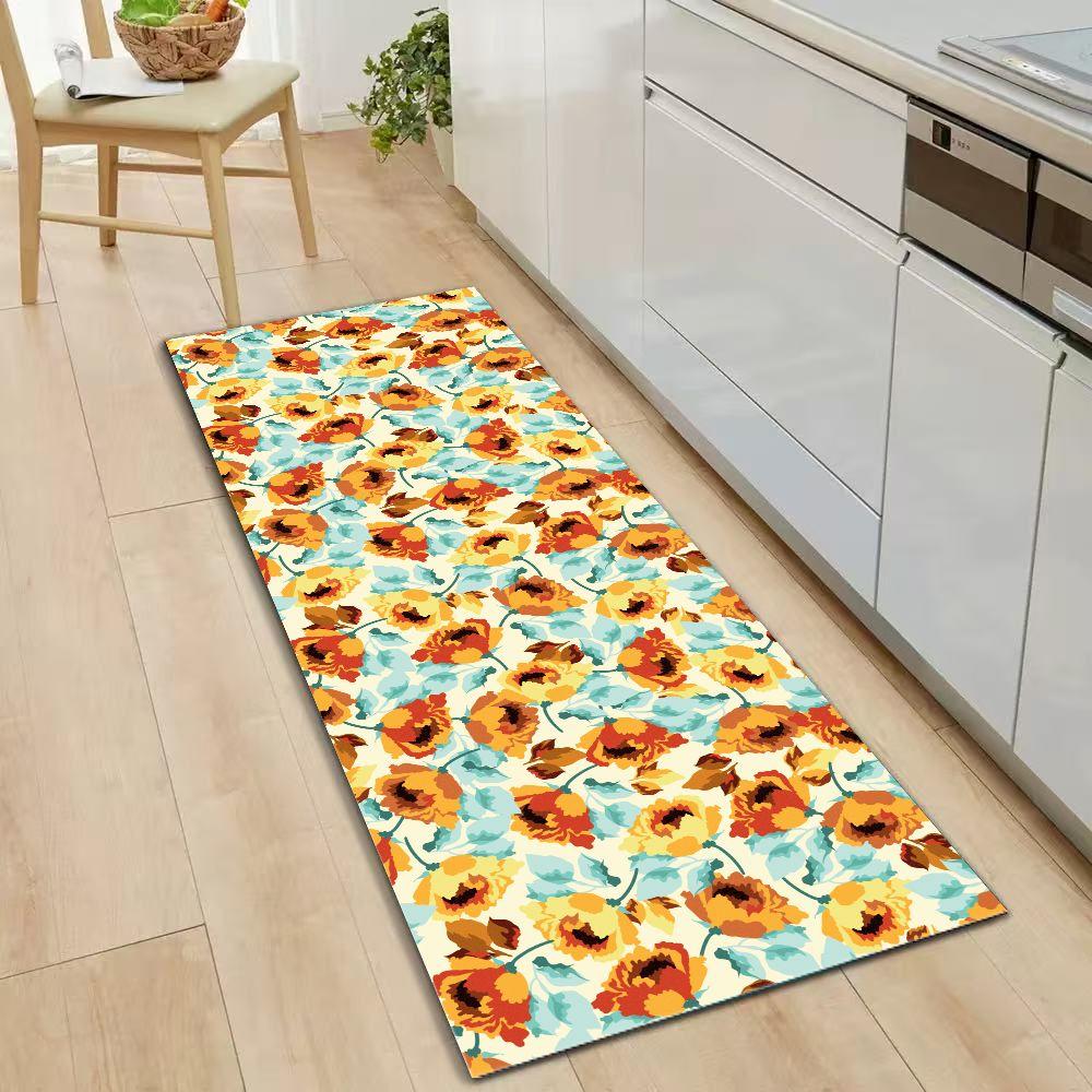 Retro Orange Yellow Floral Runner Rug, Vintage Poppy Flower Light Blue Leaf Long Hallway Mat Non Slip Washable Entryway Carpet