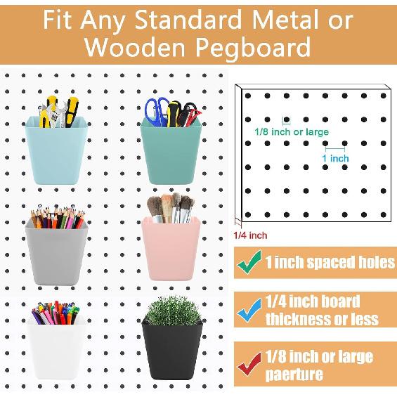 6Pack Pegboard Cups, Large Pegboard Bins with Hooks, Square Box Shape Pegboard Cup Holder Accessories for Garage Office Craft Room DIY Tools Playroom