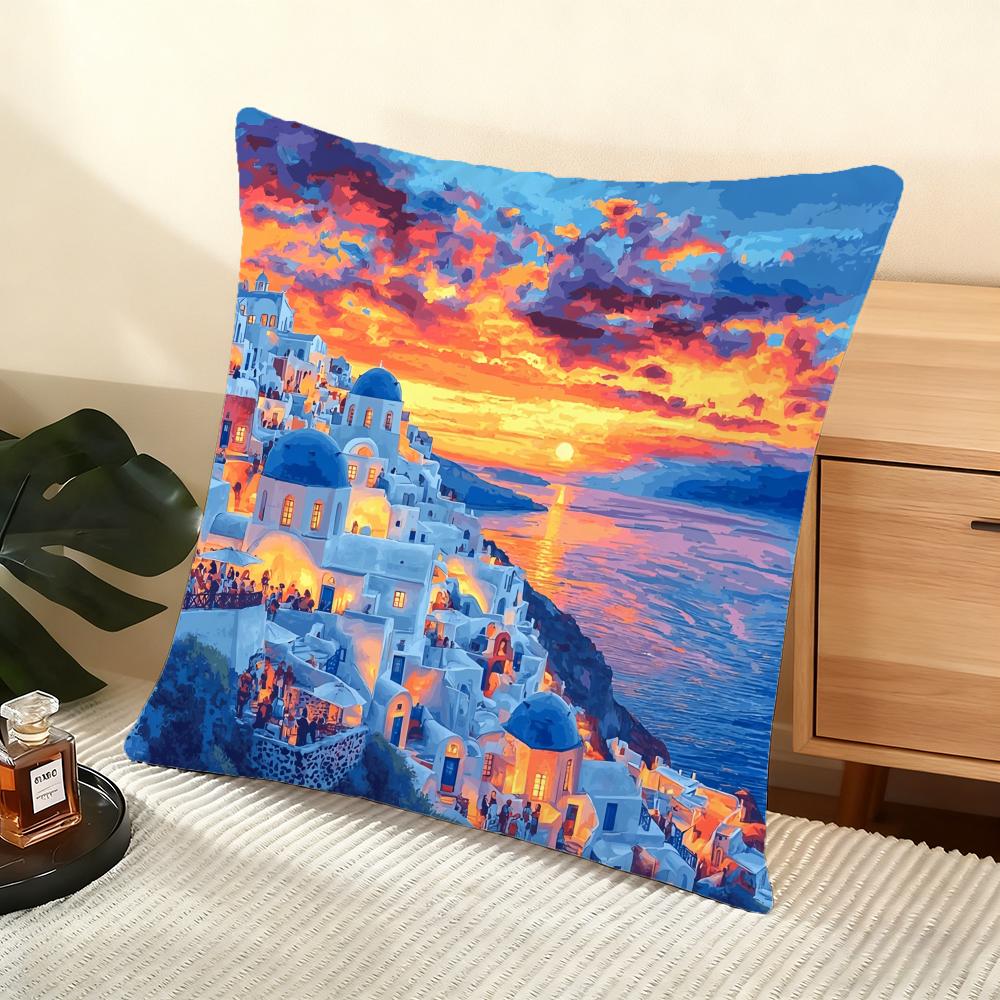 Santorini Landscape Cushion Cover Soft Short Plush Pillow Cover Smooth Cozy Texture Aesthetic Cushion Case Home Decor