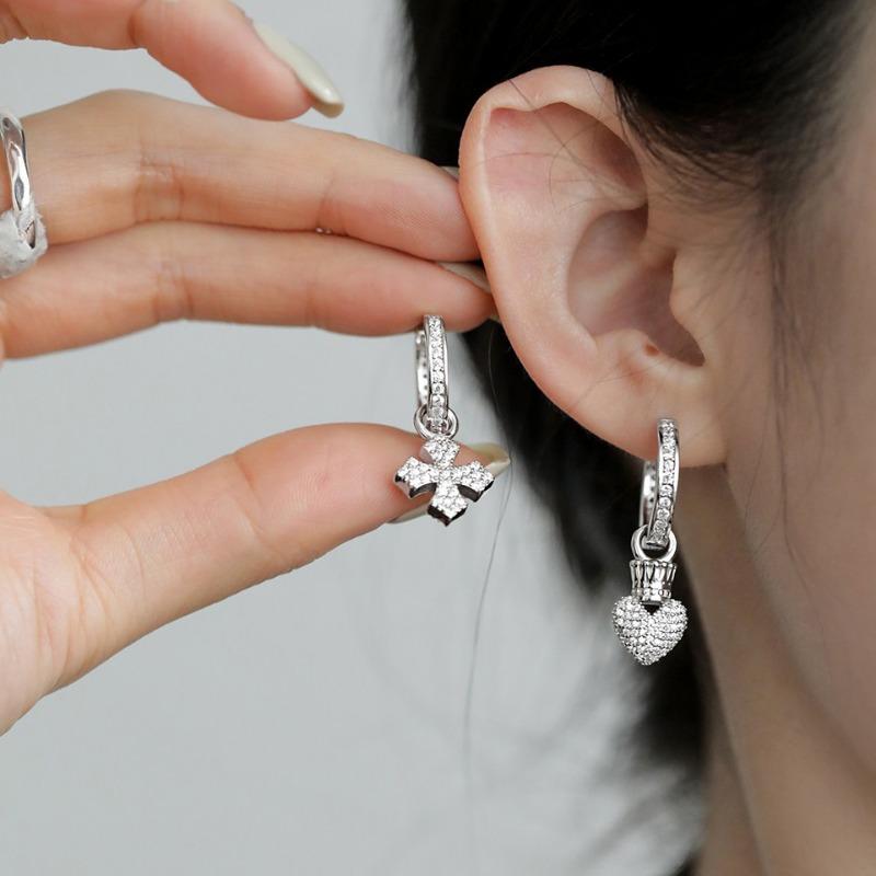 1PAIR asymmetrical sparkling cross crown heart earrings for women, niche design fashionable high-end diamond-studded earrings, earrings