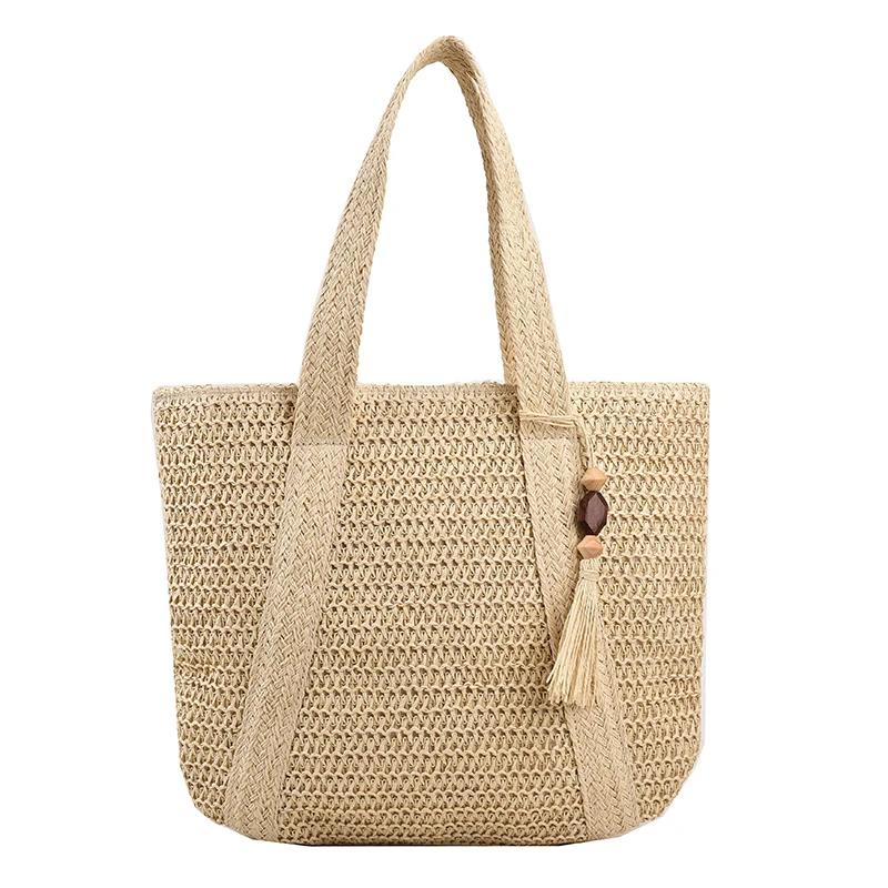

Large Capacity Weave Tote Bag Summer Travel Beach Straw Handbag Tassel Design Female Bohemian Shoulder Bag for Women 2026 бежевый