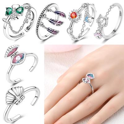 Adjustable Rings 925 Sterling Silver Shell Pearl Clover Feather Open Rings for Women Female Original Engagement Jewelry
