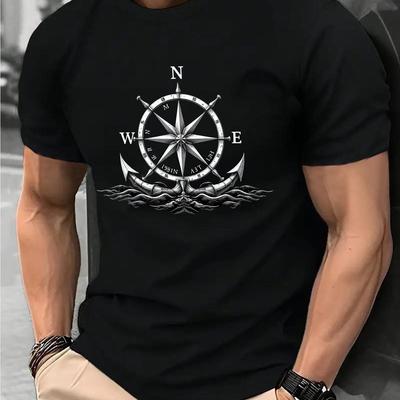 Herren Nautical Compass Ship Wheel Grafik T-Shirt Weiß Maritime Tee Atmungsaktives Strickgewebe für lässige formelle Outfits