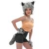 Pointed Ear Wolf Hat Set with Matching Hand Accessories, Plush Polyester Winter Outfit Accent for Photos and Outings