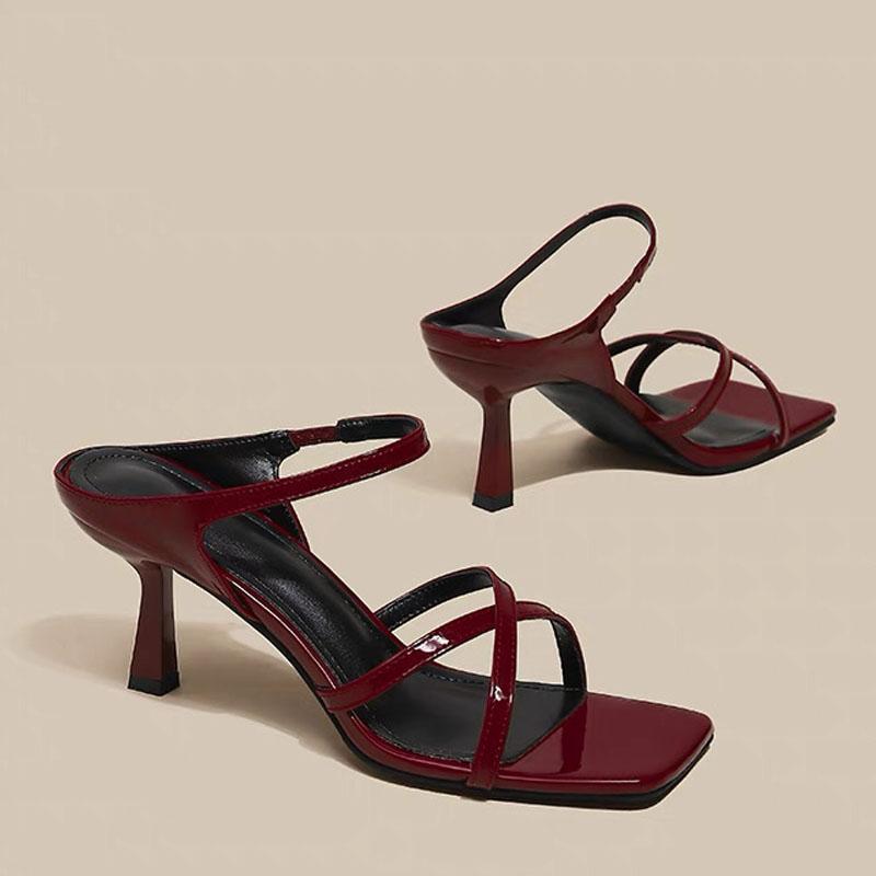 

Fashion Brand Design Slim Band Sandals Woman Square Toe High Thin Heel Mule Slides Ladies Patent Leather Evening Party Pump Shoes 35