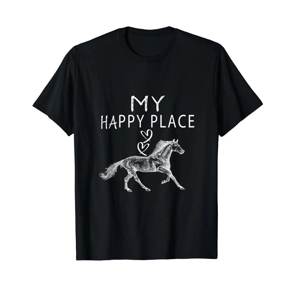 My Happy Place Is Here Horses Lovers Funny T Shirt Vintage Homme Slightly Soft Streetwear Top For Everyday Wear