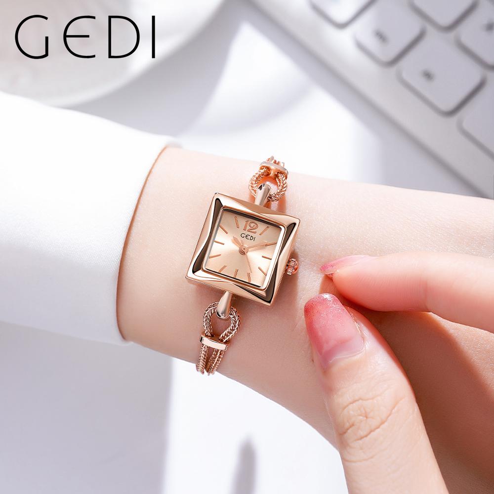Fashion Gedi Top Brand Rose Gold Women Square Wrist Watch Alloy Rope Band Water Resistance Luxury Ladies Quartz Jewely 20mm
