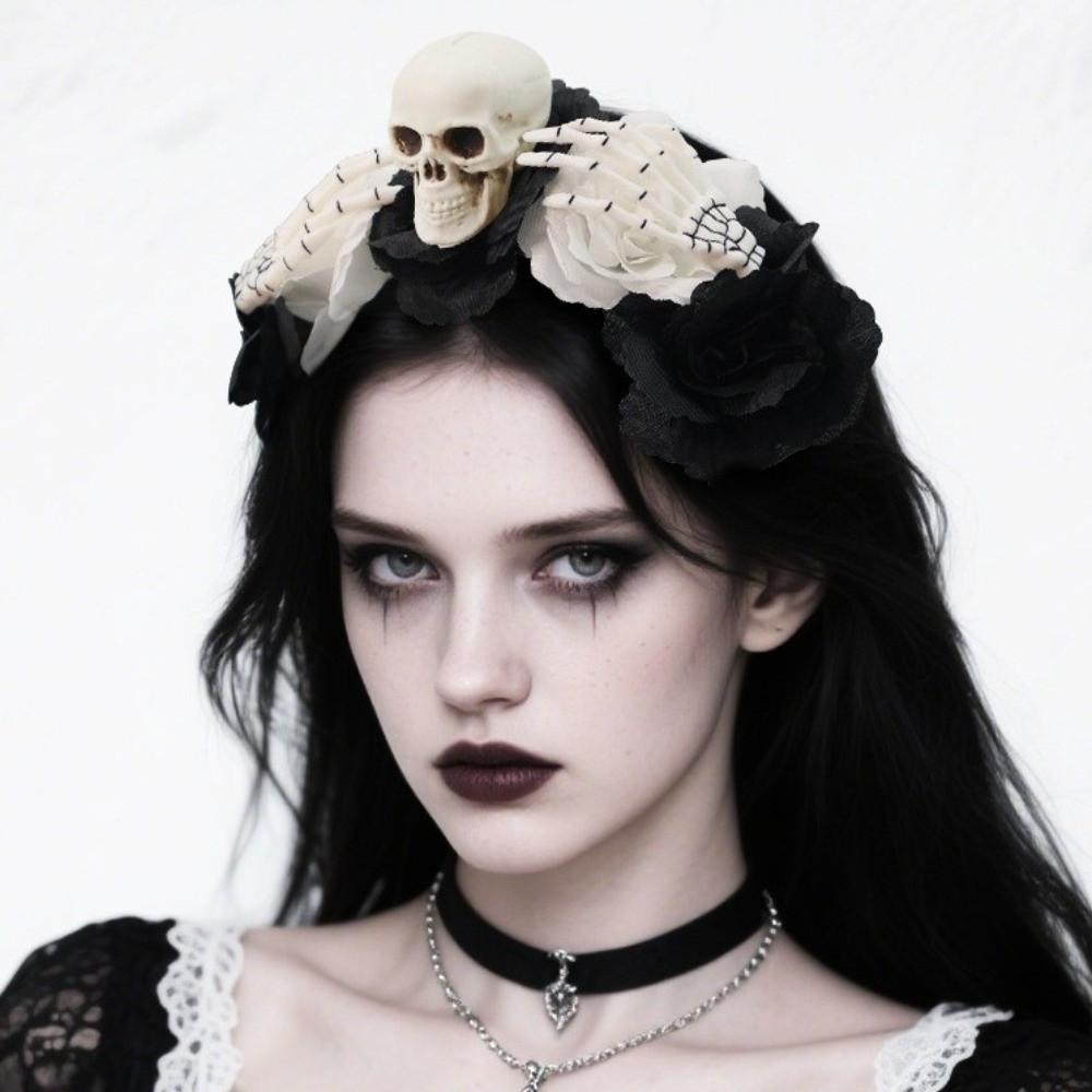 Halloween Decor Skull Head Headband Simulation Flower Gothic Flower Hairband  Photography Props