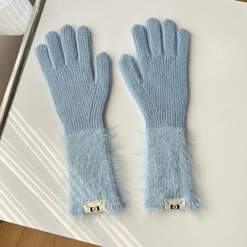 Autumn and winter dopamine solid color warm five-finger gloves versatile knitted cute student girl sweet long cycling sleeves