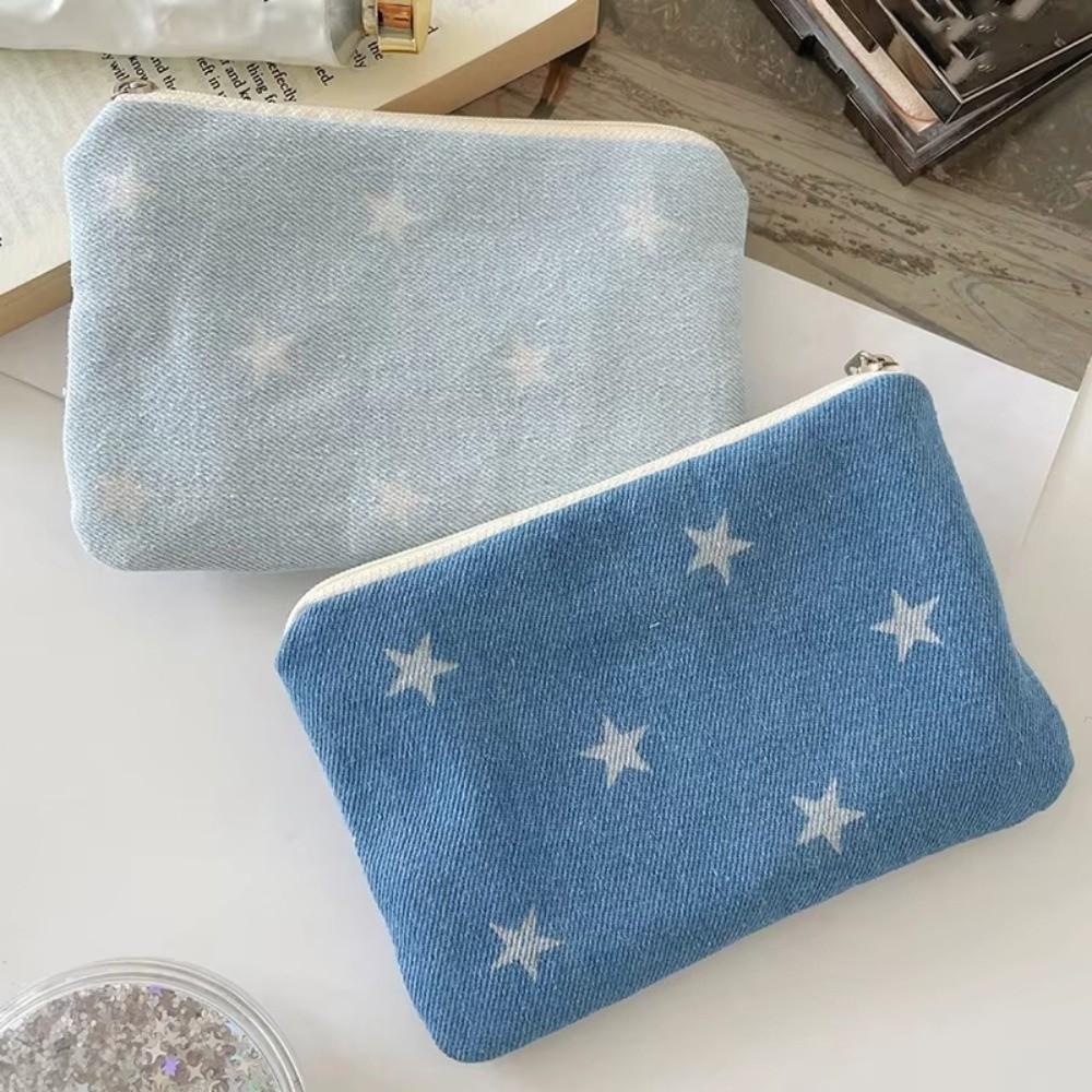 Cute Star Print Coin Purse Denim Ultralight Lipstick Earphone Storage Bag with Zipper Small Coin Wallet