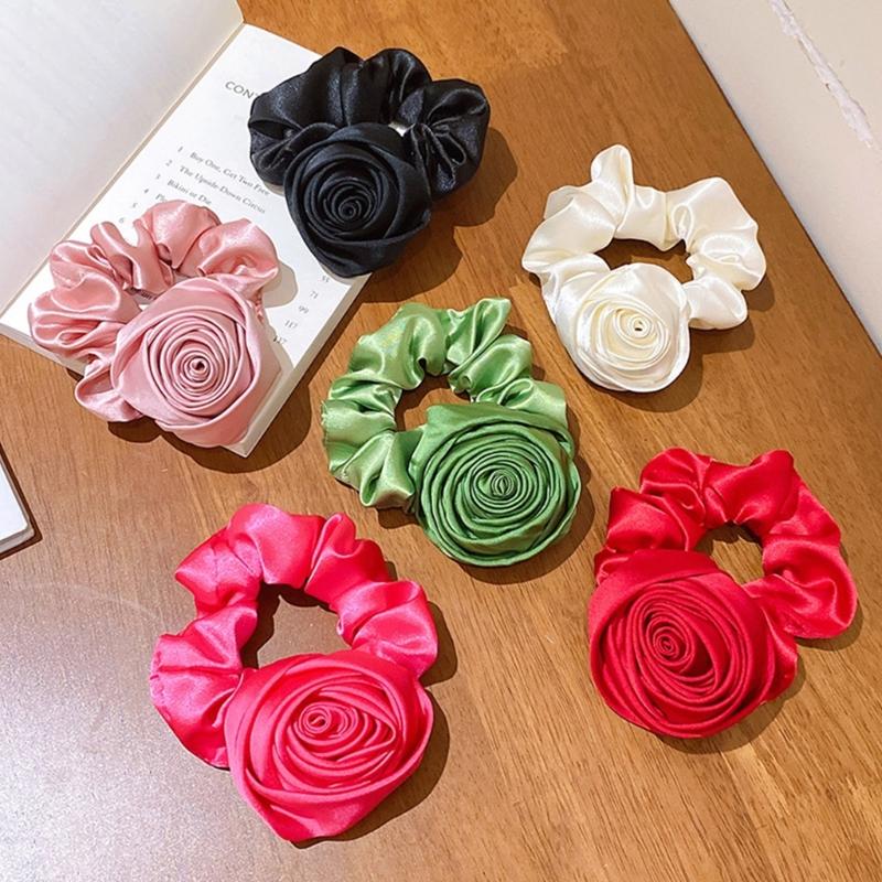 Korean Women Rose Elastic Hair Bands Hair Scrunchies Big Flower Satin Hair Rope Charm Horsetail Gentle Hair Accessories