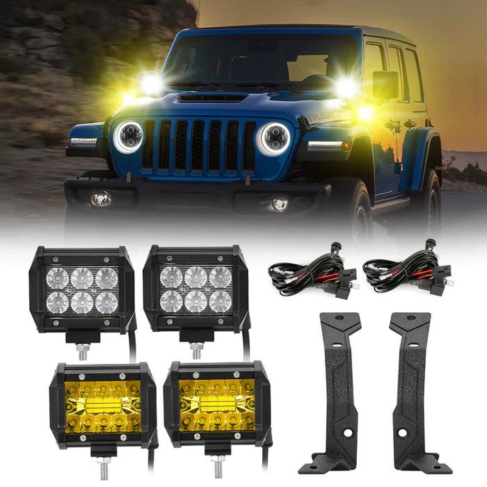 Dual Color Auxiliary Flood Lights with Bracket for 2018+ Wrangler JL JLU - White/Yellow