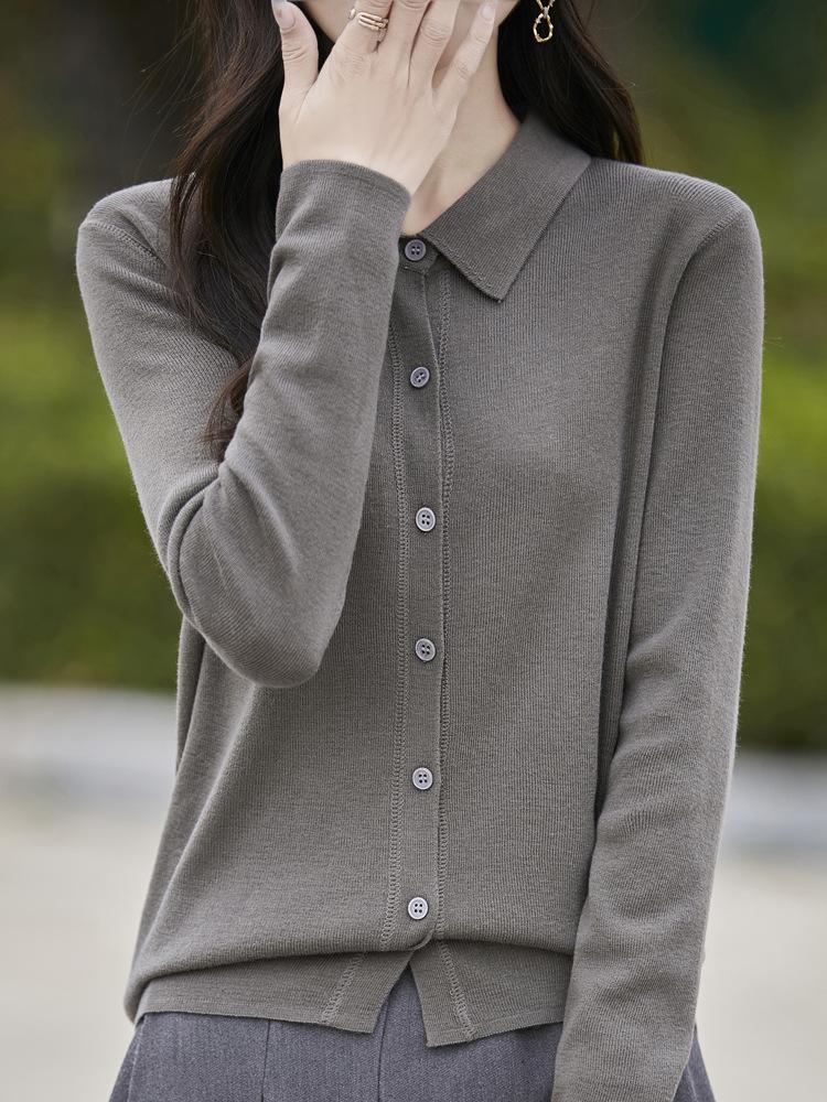 

Кардиган из мериносовой шерсти с воротником поло: Весенняя трикотажная рубашка с лацканами, однотонная, свободного кроя, универсальная верхняя одежда Double Extra Large