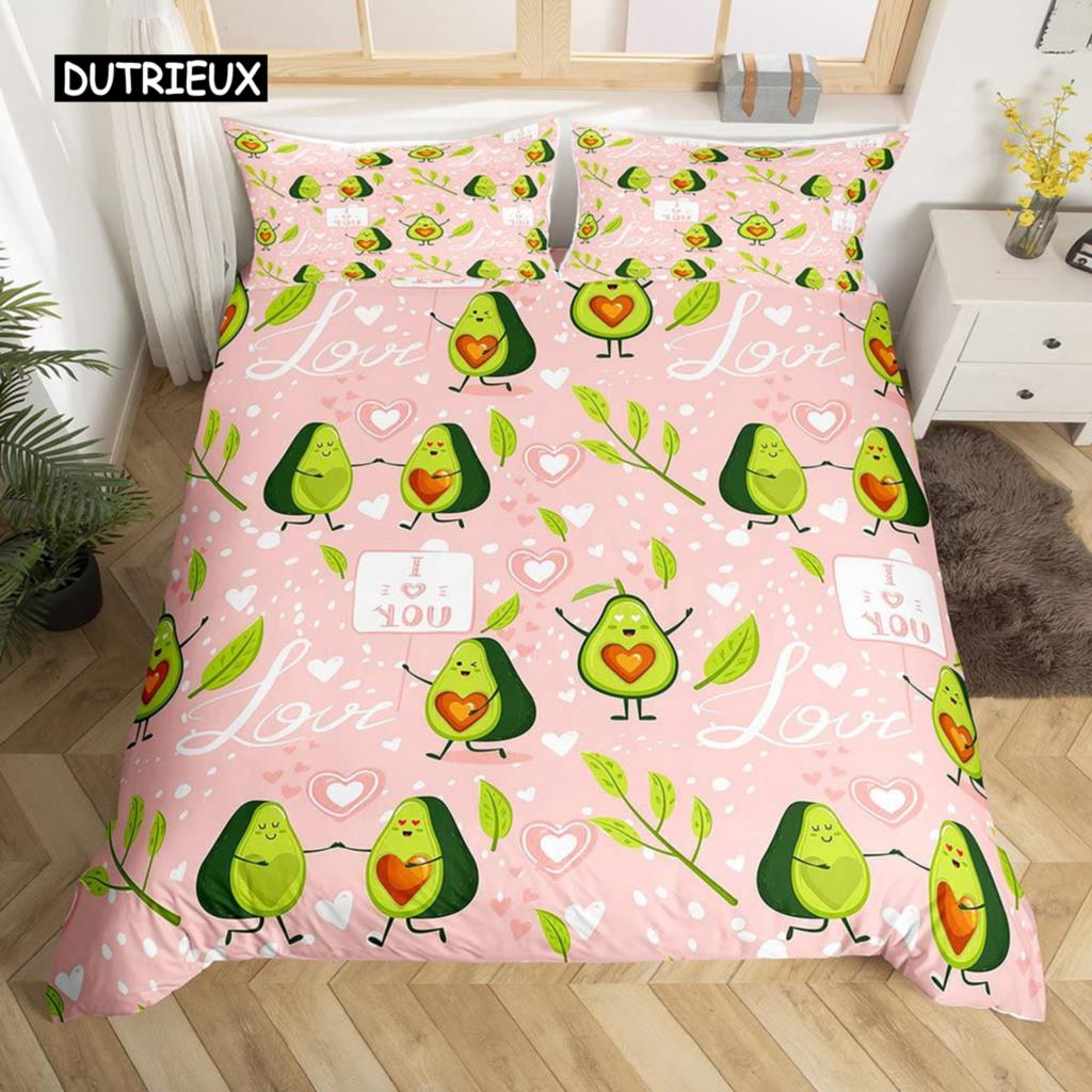 Avocado-Bettbezug-Set für Kinder, Kawaii-Bettwäsche-Set, süße Früchte, Bettbezug, Zwillingsgröße, tropischer botanischer Cartoon-Bettbezug