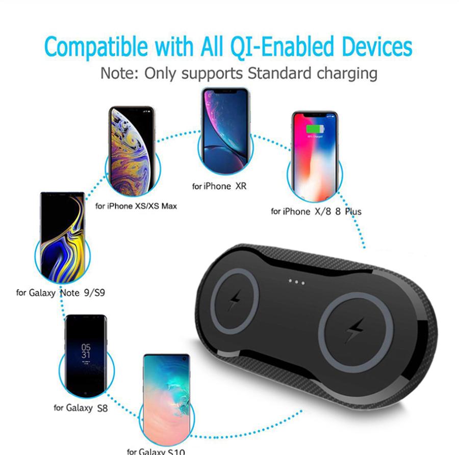 

20 Вт Двойное сиденье АВТОМОБИЛЬНОЕ Беспроводное зарядное устройство QI Площадка для быстрой зарядки 2 в 1 Настольное зарядное устройство для iPhone 11 Pro X XS MAX XR Для Samsung S10 S9