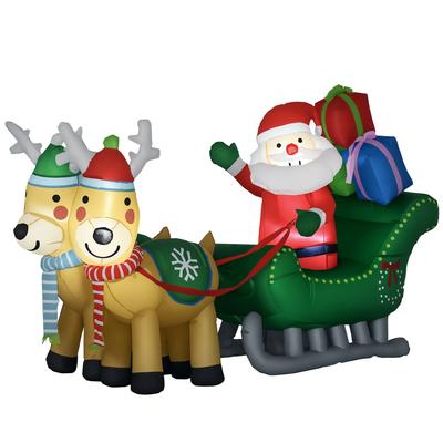 Aufblasbare Weihnachtsdekoration Weihnachtsmann mit Schlitten und 2 Rentieren Weihnachtsdekoration mit 4 LED-Leuchten 210x70x125 cm