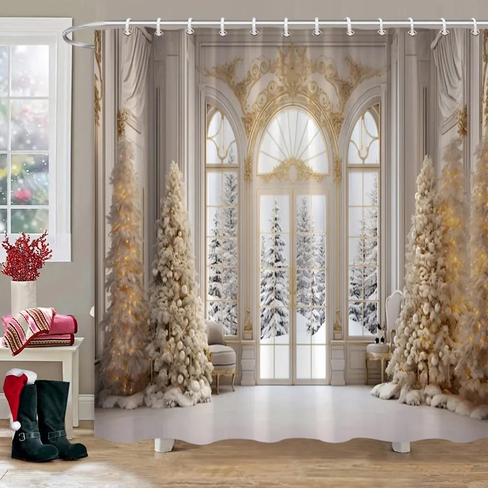 Weihnachtsparty Duschvorhänge Kamin Weihnachtsbaum und Geschenke Schneemann Schneeszene Waschbarer Duschvorhang Kunst Badezimmer Dec