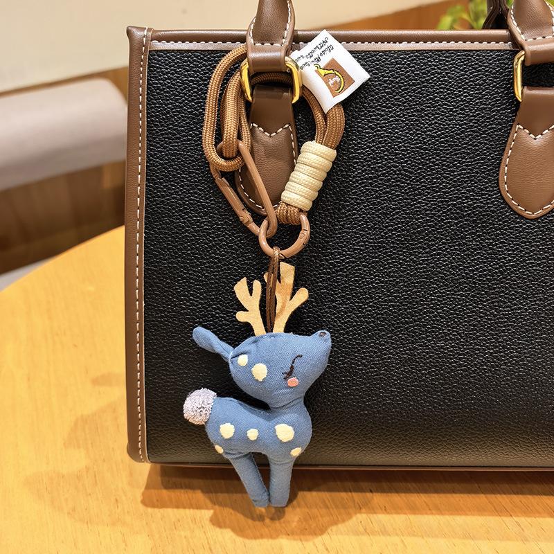 Cute Fabric Deer Bag Charm, Handmade Plush Deer Keychain with Colorful Braided Rope