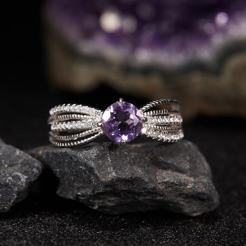 Non-Fading High-End S925 Sterling Silver 18K Gold Natural Amethyst Lucky Treasure Ring Women'S Simple Jewelry