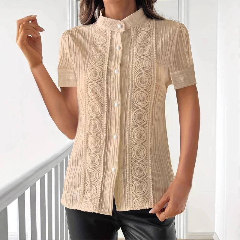 Summer New Fashion Women's Short-sleeved Stand-up Collar Top Lace Embroidered Temperament Commuter Shirt