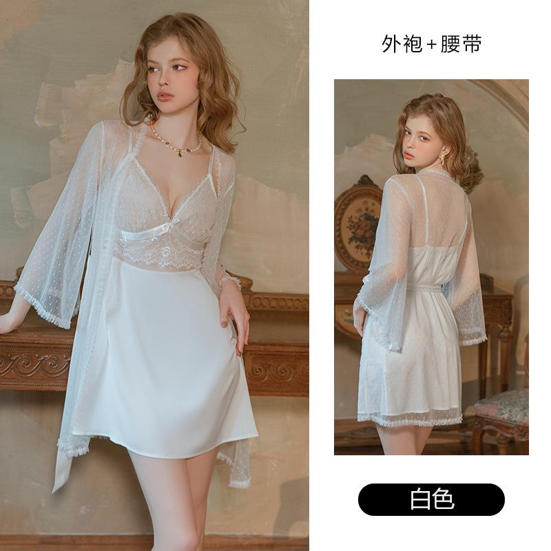 Women's Silky Satin Polka Dot Sheer Mesh Sleep Dress with Mesh Robe Lounge Set