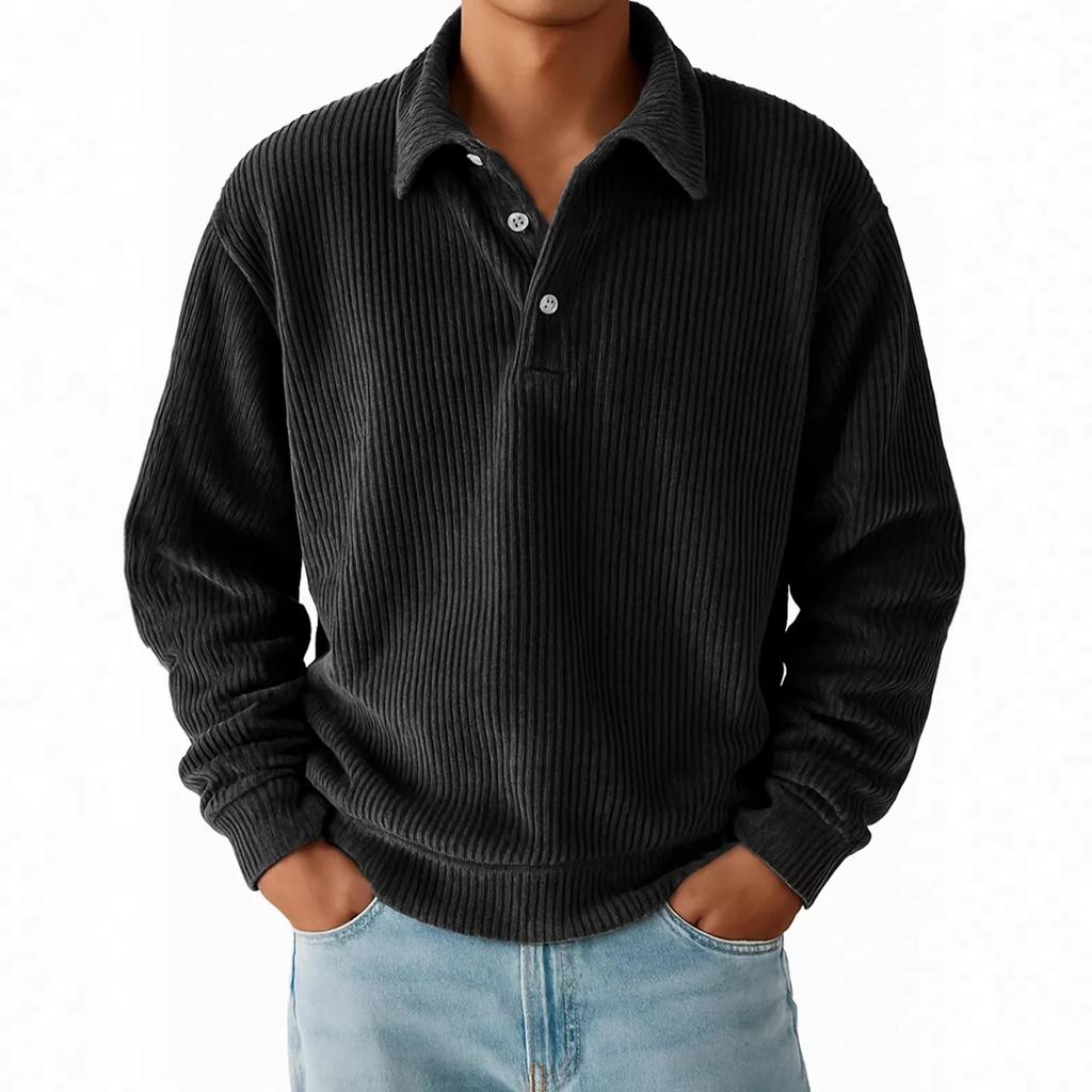 Autumn Winter Men's Retro Polos Casual Corduroy Solid Striped Long Sleeve Polo Shirt Men Business Tops