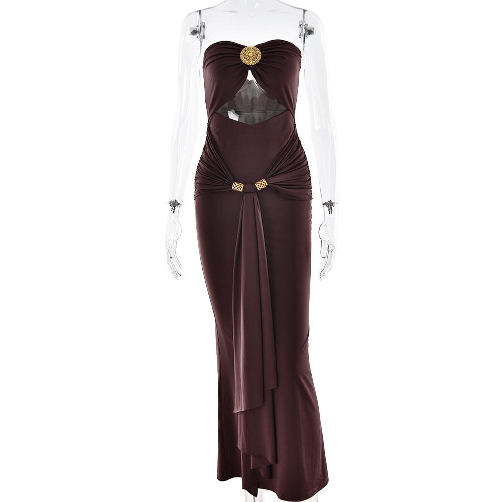 Women s Strapless Sleeveless Maxi Dress Slim High Waist Cutout Milk Silk Mermaid Party Dress S темно-коричневого