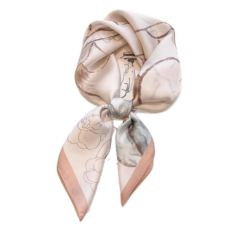 Damski jedwabny szalik w koreańskim stylu: Wszechstronny kwadratowy szalik z kamelią na wiosnę i jesień - do noszenia na szyi, na torebce lub we włosach