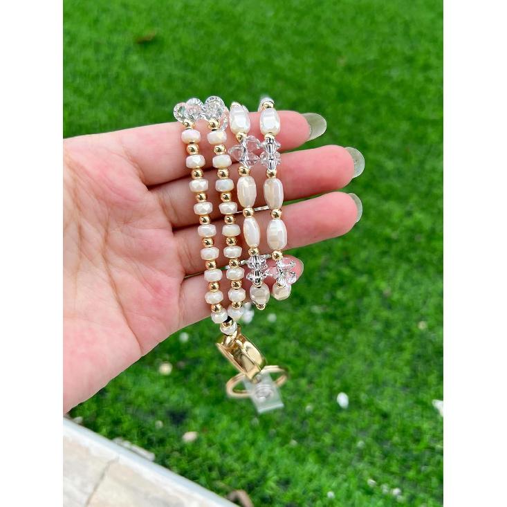 Retractable Lanyards for ID Badges and Keys, Beaded Lanyards for Women Cream Crystal, Cute Teacher Lanyard Apricot Pink