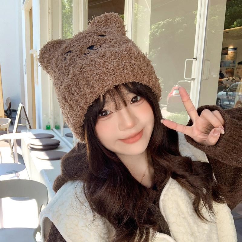 

Осенне-зимние шапки женские милые медвежьи плюшевые вязаные шерстяные шапки зимние теплые шапки-ушанки толстые One Size